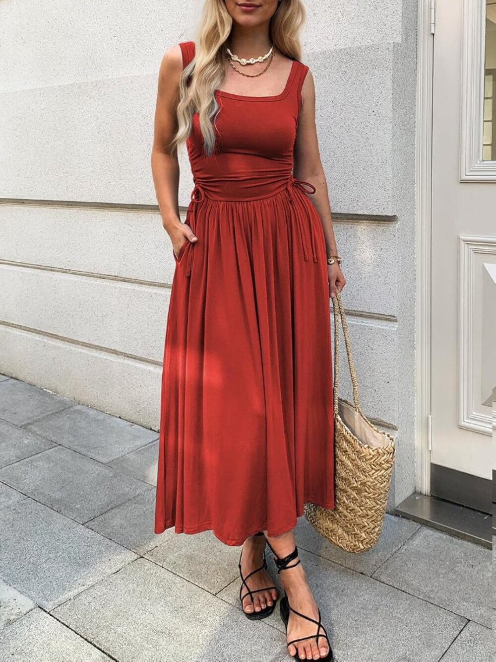 〽️Red Women's Summer Maxi Dress Boho Sleeveless A Line Sundress with Pockets - Picture 2 of 5